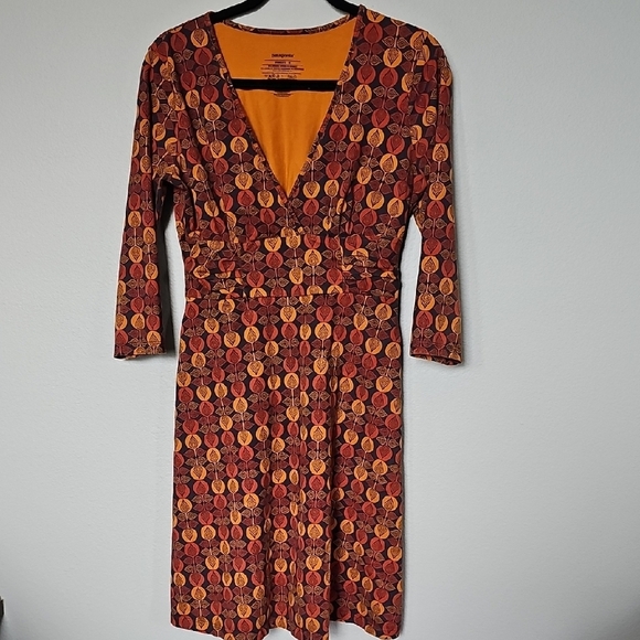 Patagonia Retro Organic Cotton Brown Leaf Pattern Surplice Dress Medium - Picture 1 of 5